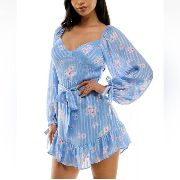 B DARLIN Womens Blue Lined Belted Padded Long Sleeve Short Dress 3/4 NWT - Picture 3 of 16